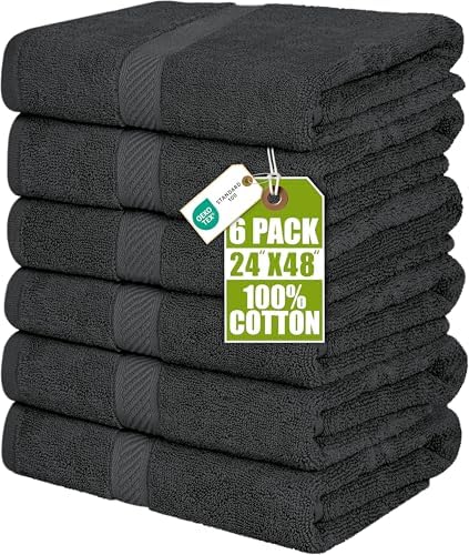6 Pack Medium Bath Towels, 24x48 in, 100% Cotton, Grey