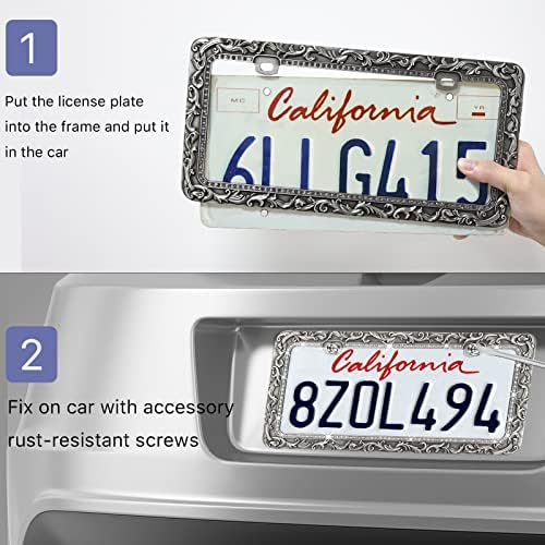 Metal Car License Plate Frames,Antique Old Pattern Printing, Bling Crystal Rhinestones Inlaid,Universal 2 Holes Automotive Replacement Parts Plate Holder(1 Pack)
