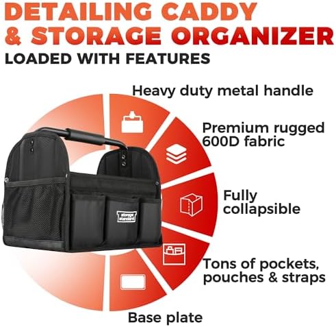 Detailing Caddy Organizer with Handle - Storage, Cars, & Cleaning Caddy for Supplies, Tools, & Home Improvement - Heavy Duty Car Detailing Supplies With Multi-Pockets & Collapsible Tote Design