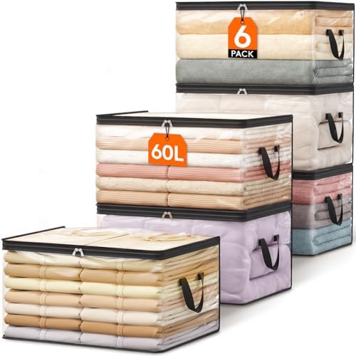 6 Pack Clear Clothes Storage Bags, 60L Plastic Blanket Vinyl Foldable Moving Bags with Zipper, Closet Organizers and Storage Containers for Bedding, Duvet, Pillow