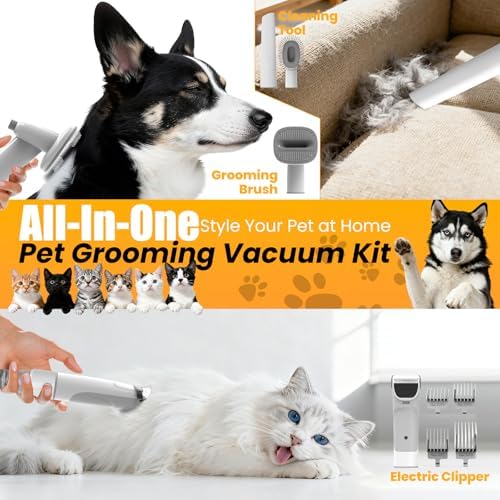 Dog Grooming Vacuum, All-in-One Pet Grooming Kit with Hair Clipper & Shedding Brush, Low Noise 12,000Pa Dog Hair Remover Vacuum, Pet Groomer Set with Cleaning Brushes, PG01