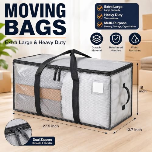 Moving Bags Heavy Duty Extra Large, 6 Pack Semi-Transparent Storage Bags with Zippers & Reinforced Handles, Waterproof Packing Bags for Moving, Moving Supplies for Clothes, College, Storage