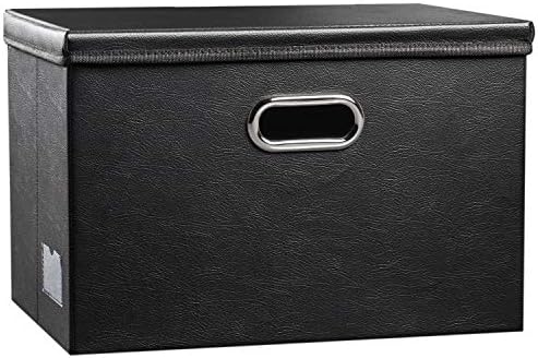 Large Collapsible Storage Bin with Lid [1-Pack] Leather Fabric Foldable Storage Box Organizer Containes Basket Cube with Cover for Home Bedroom Closet Office Nursery Black (17.7x11.8x11.8)