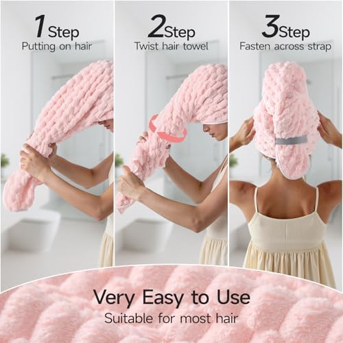3 Pack Microfiber Hair Towels - Extra Large Hair Towel Wrap for Women, 24x42 inch Hair Towels with Elastic Strap, Super Soft Hair Drying Towels for Long, Thick, Curly Anti Frizz Turbans