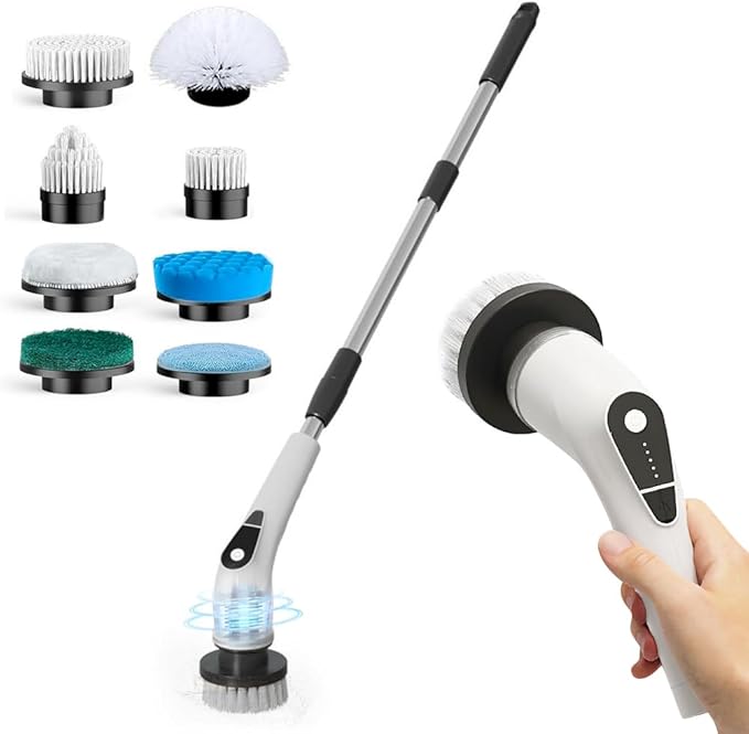 HomeBeyond Electric Spin Scrubber, 5-Speed Power Spin Cleaner with 8 Replaceable Brush Heads, IPX7 Waterproof, Adjustable Extension Handle, Large Battery for Bathroom, Shower, Tile, and Floor Cleaning