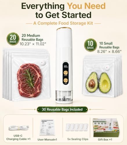 Handheld Vacuum Sealer for Food, Compact Cordless Sealer, 30 Reusable Bags