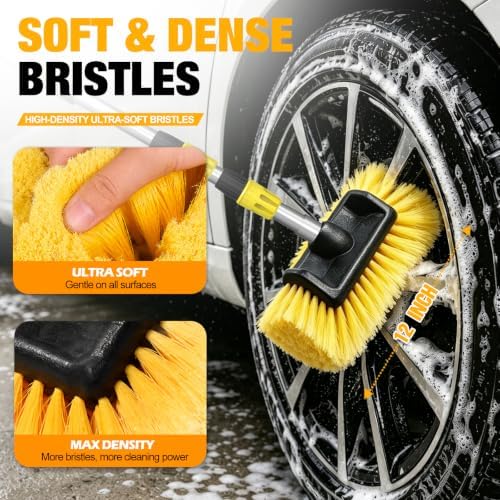 12FT Car Wash Brush with Long Handle, Car Cleaning Brush with 12 Inch Soft Bristle and Soap Dispenser, Solar Panels Cleaner with Telescoping Pole for RV, Truck, Boat, House Siding, Yellow