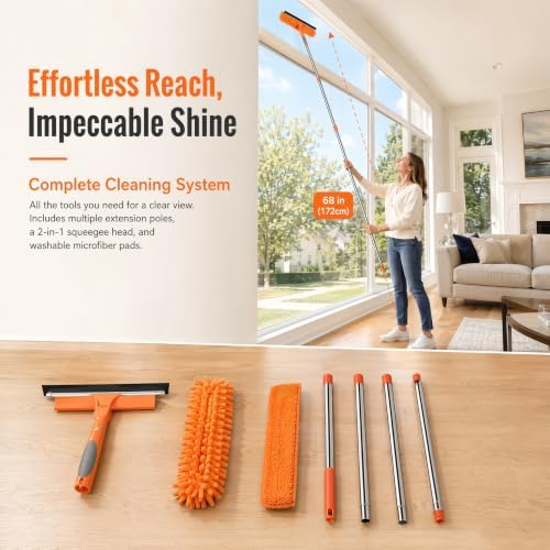 2-in-1 Window Cleaner Tool, 68'' Squeegee for Window Cleaning