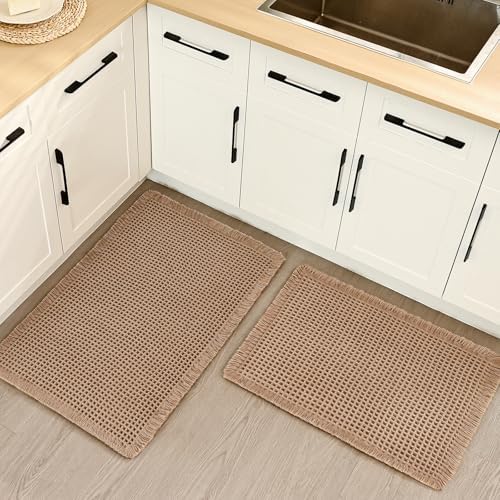 Luxury Waffle Bath Mat, Super Absorbent Non Slip Bathroom Rugs, Boho Ultra Soft Comfort Machine Washable Quick Dry Floor Mats with Tassels (Brown, 17" x 24" + 20" x 30")