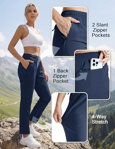 Women's Hiking Pants Lightweight Quick Dry UPF 50 Water Resistant Elastic Waist Golf Travel Pants Zip Pockets
