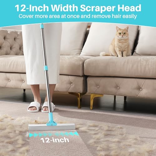 Carpet Rake for Pet Hair Removal, 63" Adjustable Long Handle Pet Hair Remover, Reusable Cat Dog Hair Carpet Rake with Metal and Silicone Scraper for Rug, Sofa, Cloth