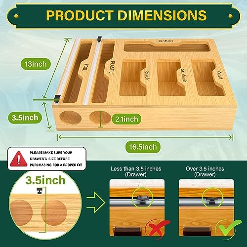 Bag Organizer and Plastic Wrap Dispenser with Cutter, 6 In 1 Bamboo Foil and Plastic Wrap Organizer for Kitchen Drawer, Food Storage Bag Organizer for Gallon,Quart,Sandwich,Snack(Yellow)