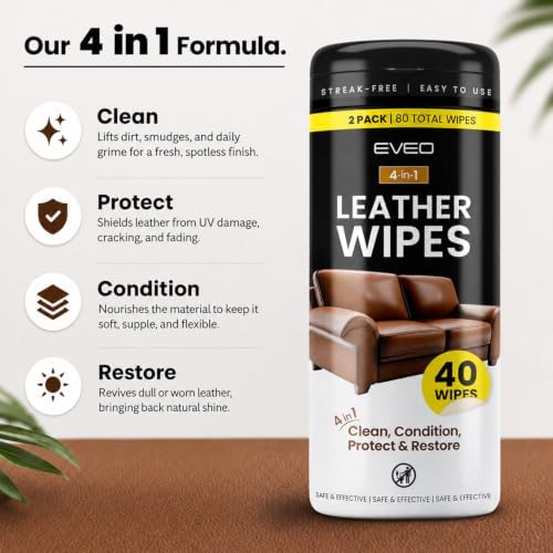 Leather Wipes 4-in-1 Leather Cleaner and Conditioner for Furniture - Leather Couch Cleaner, Car, Shoes & Purses – UV Protection, XL Moistened Wipes Restore & Protect – 2 Pack (80 Wipes)