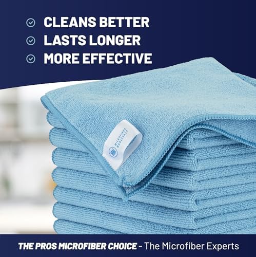 MW PRO Microfiber Cleaning Cloths Blue (12 Pack, 12x12) - Commercial Janitorial Towels & Lint Free Rags - Heavy Duty for Auto Detailing, Glass Windows, Housekeeping & Screens - Washable 300+ Times