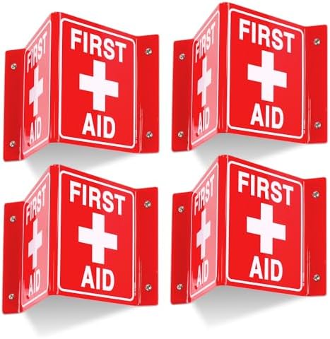 First Aid Sign, First Aid with Cross Symbol - 4 Pack - 8 x 6 Inches Acrylic, 4 pre-drilled holes, Includes Matching Screws, Use for Office/Business