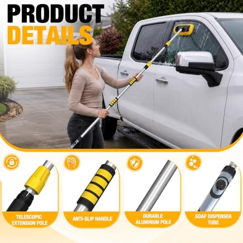 12FT Car Wash Brush with Long Handle, Car Cleaning Brush with 12 Inch Soft Bristle and Soap Dispenser, Solar Panels Cleaner with Telescoping Pole for RV, Truck, Boat, House Siding, Yellow