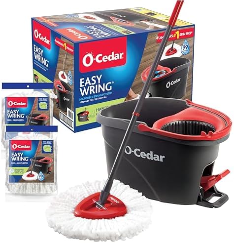 O-Cedar EasyWring Microfiber Spin Mop & Bucket Floor Cleaning System + 2 Extra Refills, Red/Gray