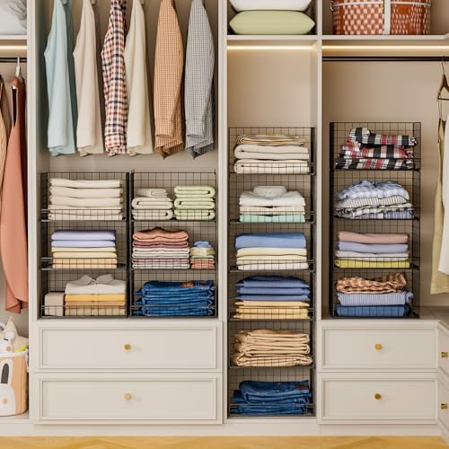 6-Tier Stackable Closet Organizers and Storage Shelves, Closet Shelf Organizer Basket Bins, Foldable Sweater Storage for Clothes Organizer System, Black（Patent No. 30022416）