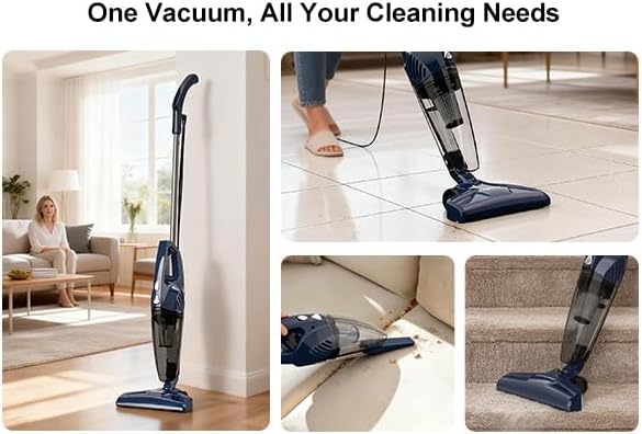 Corded Stick Vacuum for Pet Hair & Hard Floors - Lightweight, 3-in-1 Handheld with 180°Left-Right Steering, 14KPA Powerful Suction on Low-Pile Carpet, HEPA Filter, 16.4ft Cord, 0.7L Capacity (VA001)