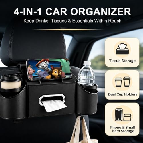 Back Seat Car Organizer, 2 Cup Holders, Tissue Holder, Phone Stand & Hooks
