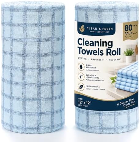 Microfiber Cleaning Cloth Roll - 80 Pack, 12" x 12" Grid Pattern | Tear Away Reusable Paper Towels, Ultra Absorbent Lint-Free Shop Rags for Kitchen, Car, Window, All-Purpose Cleaning