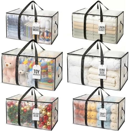 Heavy Duty Moving Bags - Water Resistant Storage Bags with Backpack Straps, Zippers and Handles - Large Moving Boxes for College Dorm, Travel, Closet Organization - 6 Pack, Clear