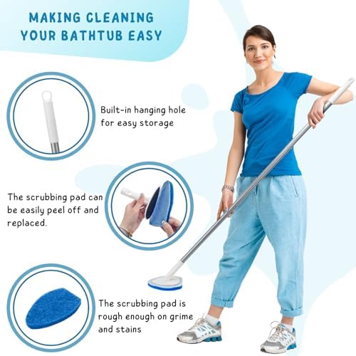 Shower Scrubber, Bathroom Tub and Tile Cleaner Brush with Long Handle, 47'' Bathtub Cleaning Tool with 6 Refill Pads