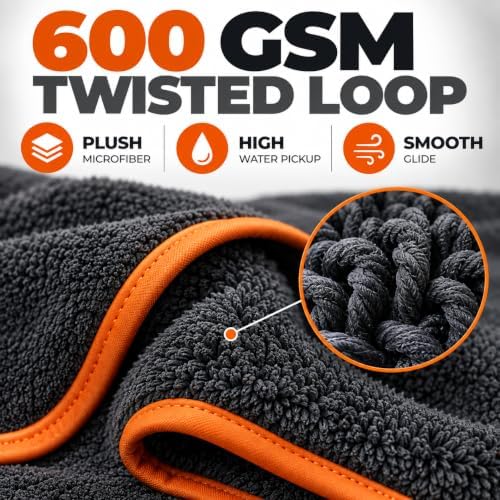 Microfiber Car Drying Towel, Plush Twisted-Loop, 600 GSM, Slim 24" x 36"