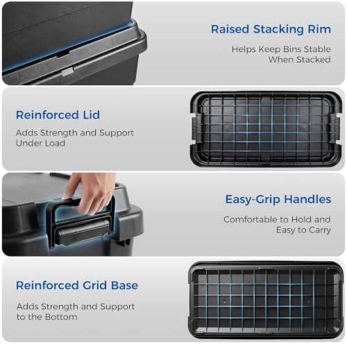 52 QT Storage Bins with Lids, Heavy Duty, Black, Stackable, 4-Pack
