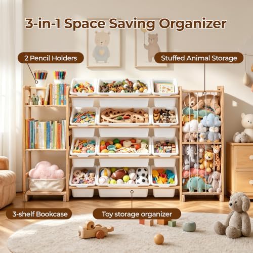 Toy Storage Organizer with Bookshelf and Stuffed Animal Storage, 12 Removable Bins and Open Shelves, Kids Playroom Organizer for Nursery, Bedroom and Living Room, 55.5 Inch Wide