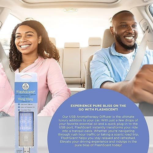 Belle Aroma® FlashScent™ USB Aromatherapy Bundle - for Car, Office, Home, and Travel - Includes 1 Serenity Blue Ylang Ylang Oil Diffuser Kit, 1 Lavender FlashScent Essential Oil, and 7 Refill Pads