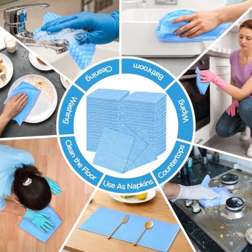 200 Pack Disposable Dish Cloths 14×16 in, Handy Wipes Reuseable Cleaning Cloths Disposable Cleaning Towels for Kitchen and Home, Blue