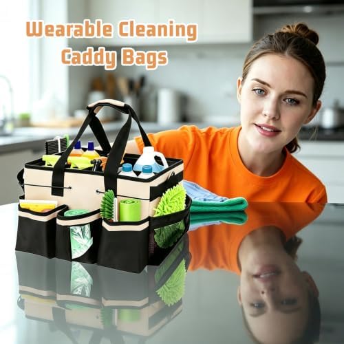 White Cleaning Caddy, Large Cleaning Bag with Handle & Adjustable Shoulder Strap, Tool Bag for Cleaning Supplies Organizer, Multi-Compartment Cleaner Caddy for Home, Car, Garden