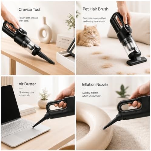 Car Vacuum Portable Cordless, 4-in-1 Mini Car Vacuum Cleaner, 19500Pa Suction & Air Duster, USB-C Rechargeable Handheld Vacuum with LED Light, Smart Display for Car, Home & Pet