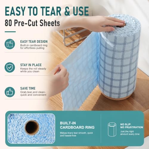 Microfiber Cleaning Cloth Roll - 80 Pack, 12" x 12" Grid Pattern | Tear Away Reusable Paper Towels, Ultra Absorbent Lint-Free Shop Rags for Kitchen, Car, Window, All-Purpose Cleaning