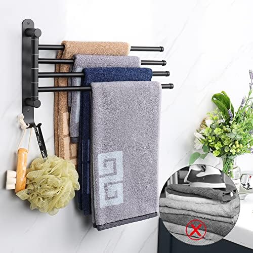 Swivel Towel Rack, 13.8" Thicken 304 Stainless Steel 4-Arm Towel Bar, Space Saving Wall Mounted Towel Holder with Hook, Rustproof Swing Out Towel Hanger for Bathroom, Kitchen (Matte Black)