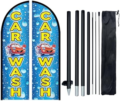Double Sided Car Wash Feather Flag with Pole Kit, 8FT Outdoor Car Wash Advertising Flag Set with Durable Polyester, High Visibility Sign for Auto Wash, Detailing Shop, Roadside Promotion