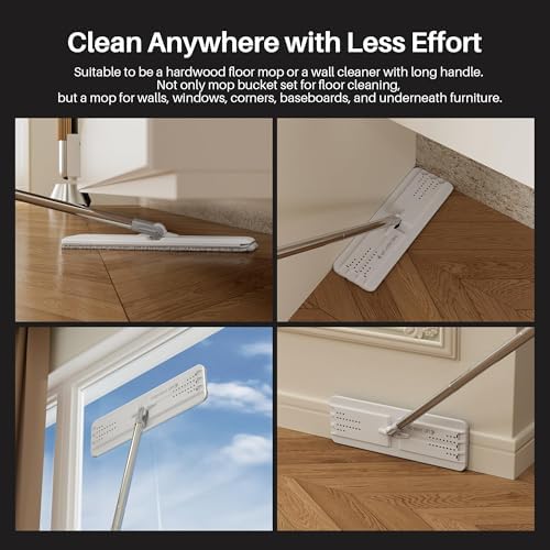 Flat Mop System, Wall Mop and Bucket Set, Commercial, White, 3 Pads