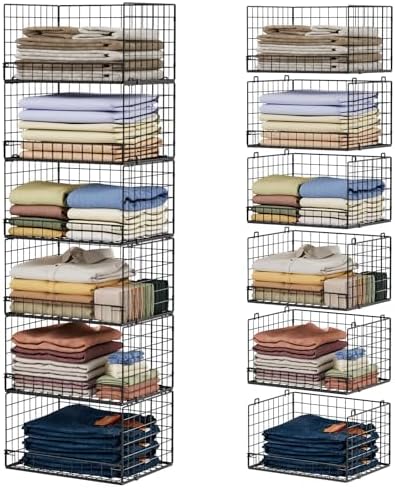 6-Tier Stackable Closet Organizers and Storage Shelves, Closet Shelf Organizer Basket Bins, Foldable Sweater Storage for Clothes Organizer System, Black（Patent No. 30022416）