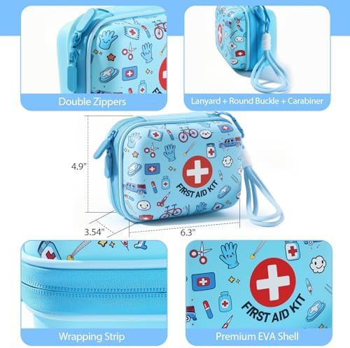 Mini First Aid Kit for Kids - 160 Pcs Hard Shell Emergency Kit, Blue