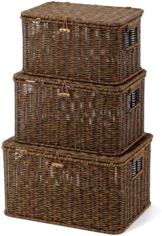 Wicker Storage Basket With lid, Stackable Plastic Bin (Brown, S+M+L)
