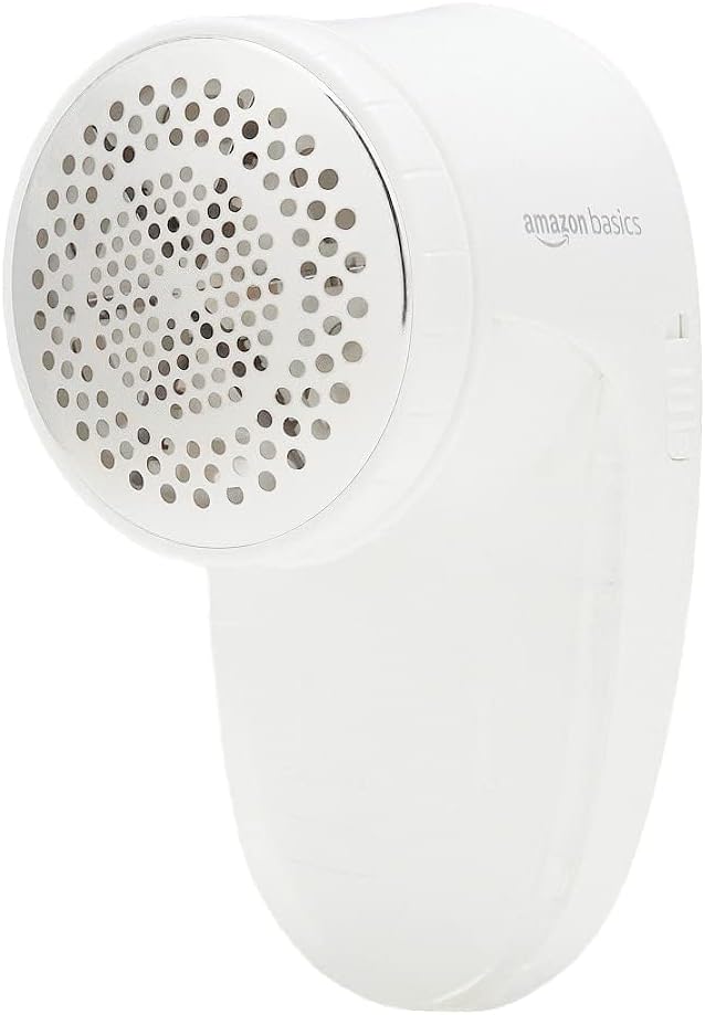 Amazon Basics Battery Operated Fabric Shaver for Clothes, Remove Pilling, Lint and Fuzz Removal, 6-Leaf Blades with Safety Lock, Portable, Includes 2 Spare Blades, White