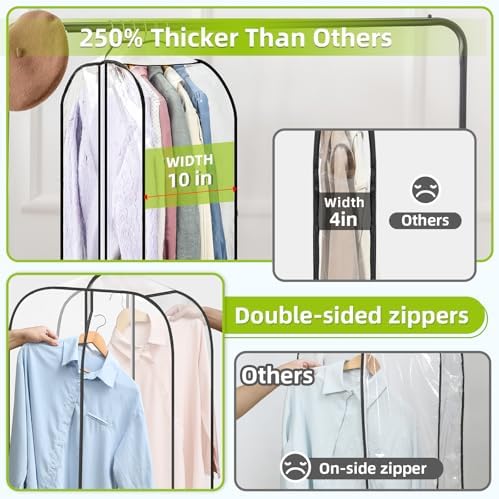 6 Pack Clear Garment Bags for Hanging Clothes with Zippers on Double Sides - 10'' Clothes Storage for Coat, Dress, and Fur in Closet - 40'' Long Suit Bags