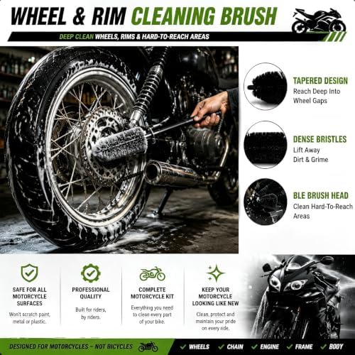 Motorcycle Cleaning Kit - 11 Pc Professional Motorcycle Detailing & Wash Kit for Harley Davidson, Dirt Bike & Street Bikes, Complete Care Set with 3-Sided Chain Brush, Wheel Rim Brush & Storage Bag