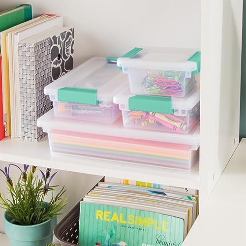 Clip Box, Stackable Small Storage Bin with Latching Lid, Plastic Container to Organize Office, Crafts, Clear Base and Lid, Large, 1-Pack