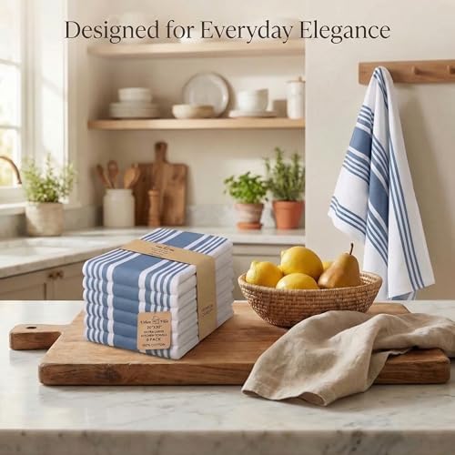 Cotton Kitchen Towels Dishtowels Set of 6 20x30 In- Blue/White