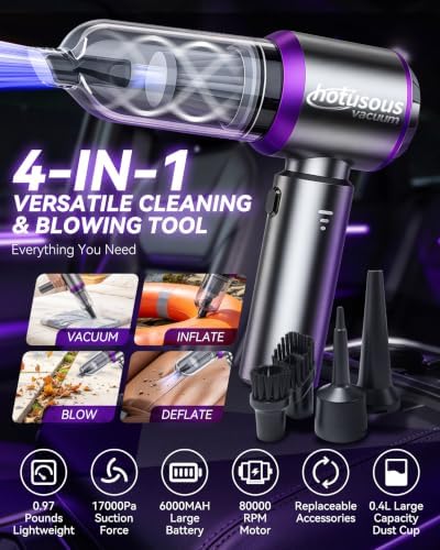 4-in-1 Car Vacuum Portable Cordless, Three-Level Adjustable Power, Comprehensive Accessory Kit, Visible Battery Level, 0.4l Visible Dust Cup, for Car Interiors, Home, Sofa, Carpet, Keyboard