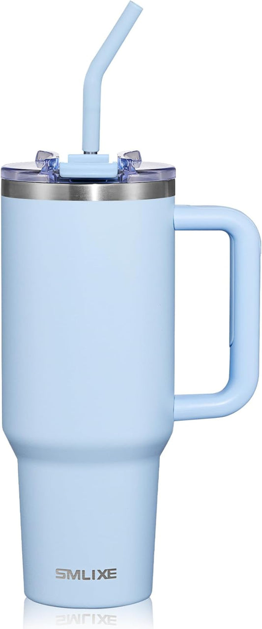 40 oz Tumbler with Handle and Straw Lid,Insulated Reusable Stainless Steel Water Bottle Travel Mug，Cupholder Friendly Double Wall Vacuum Sealed Cup (Sky Blue)