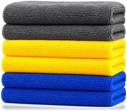 Microfiber Towels, Gray Yellow Blue, 6 Pack, 16 x 16 in