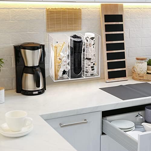 Acrylic Coffee Cup and Lid Storage Organizer, 3 Compartment Disposable Paper Cup Dispenser Organizer, Clear Plastic Cups and Lids Holder for Kitchen Coffee Bar Shop Party Supplies